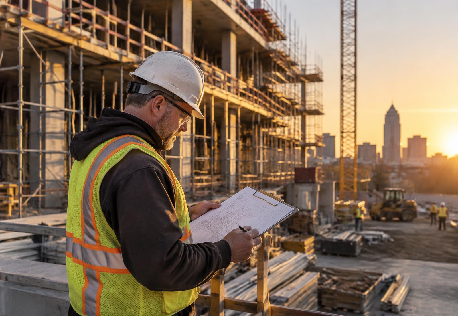 Contractor reviewing plans at a commercial construction site